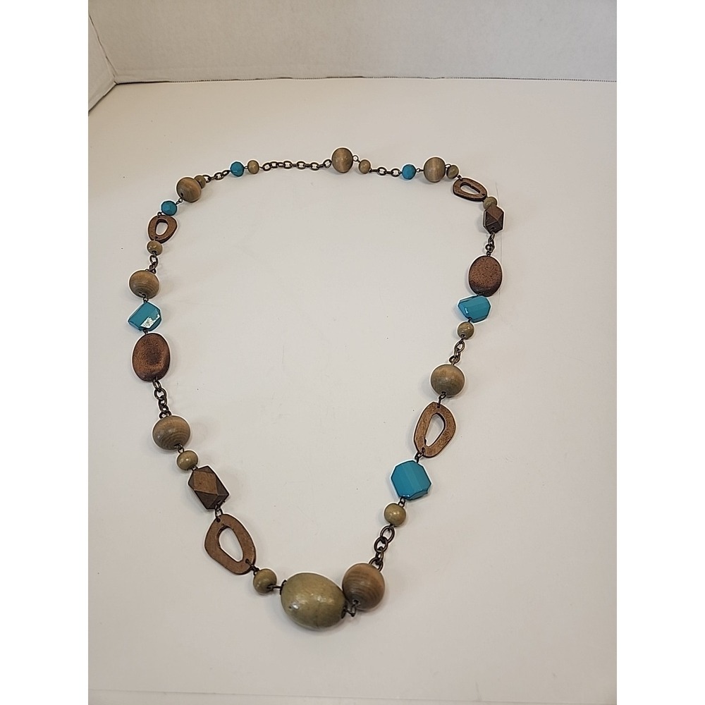 Long Boho Linked Station Necklace W/ Wooden Beads And‎ Acrylic Stone Accents 37"